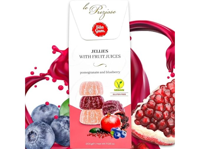 La Preziose Le Preziose želatinové bonbóny s ovocnou šťávou z borůvek a  granátového jablka, 200g