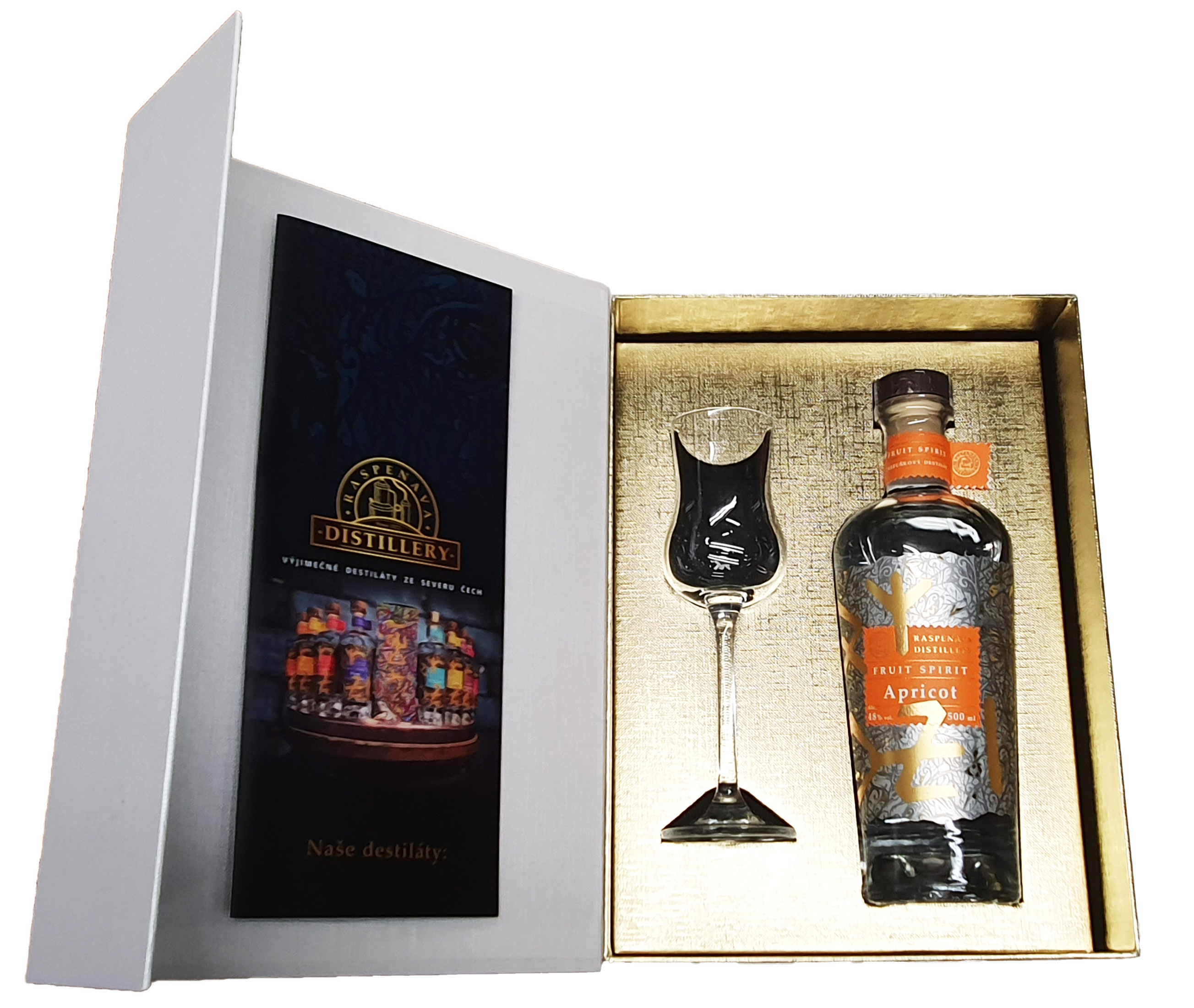 Raspenava Distillery Fruit Spirit - Apricot, dárkový box se skleničkou, 48%, 0,5l