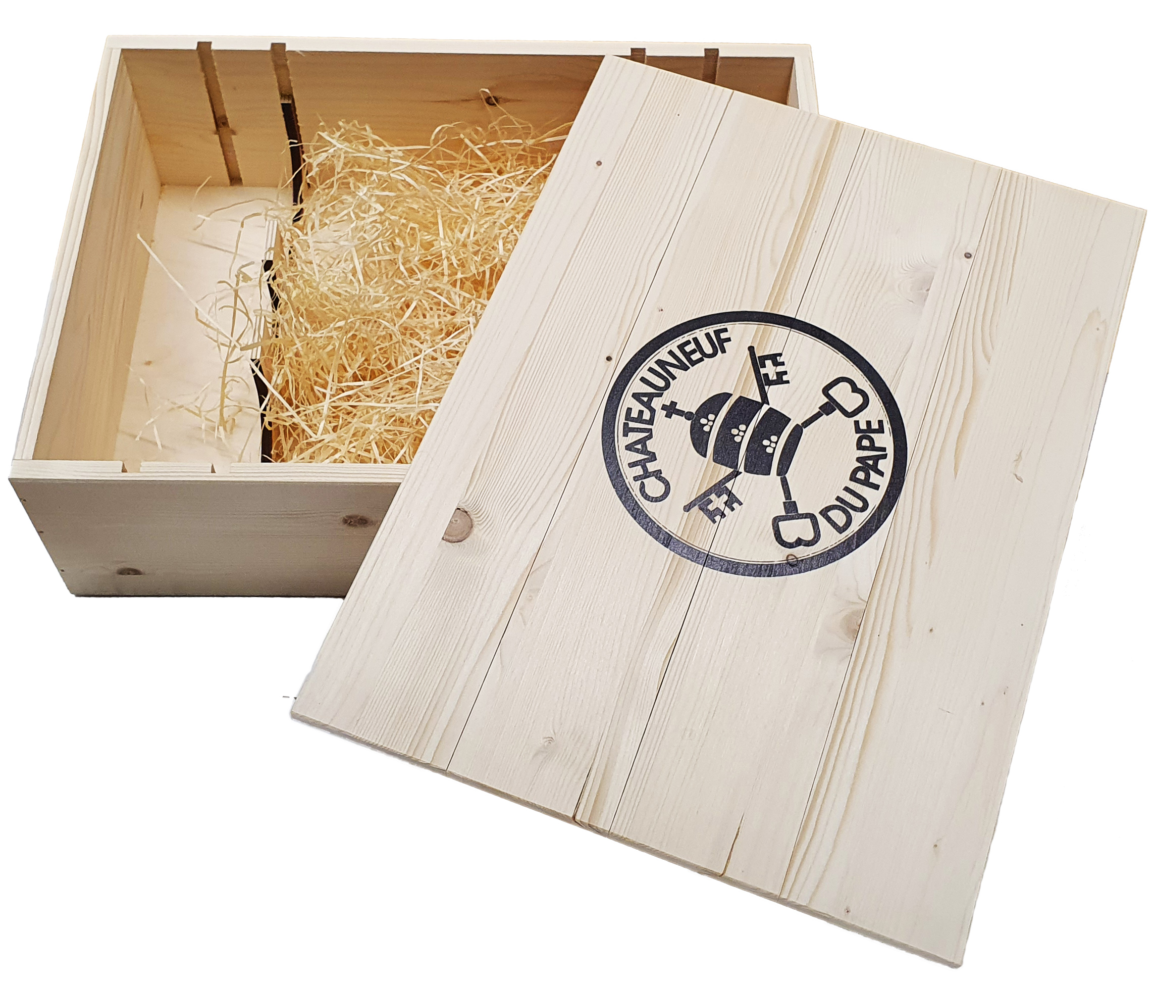 Dřevěná bedna na 3 láhve vína s logem s logem Châteauneuf du Pape