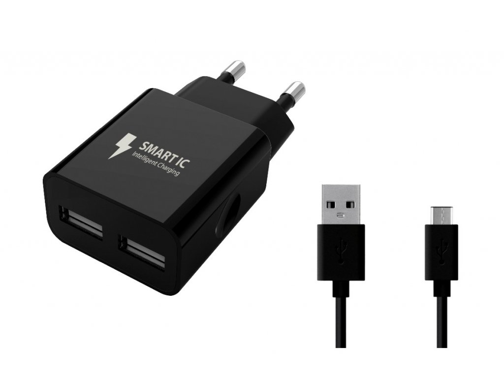 Síťová nabíječka Smart IC 2xUSB-A 12W + kabel Type-C- černá