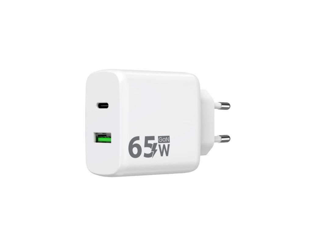 Ładowarka sieciowa GaN 2xUSB 65W (USB-C PD65W PPS+USB-A QC18W)+kabel Type-C (Biała)