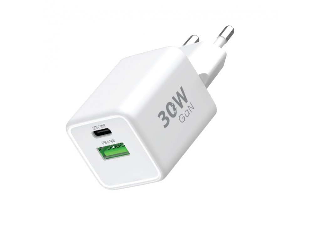 Ładowarka sieciowa GaN 2xUSB 30W (USB-C PD30W/PPS/QC4+USB-A QC18W) + kabel Type-C (Biała)