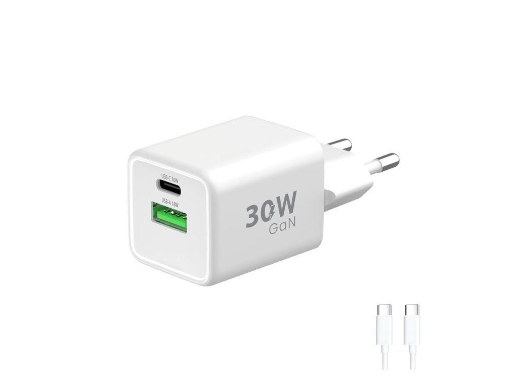 Síťová nabíječka GaN 2xUSB 30W + kabel Type-C - bílá