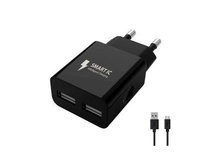 Wall Charger 2x USB 12W + Micro USB Cable - black