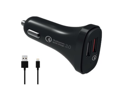 Autonabíječka 2x USB 30W + kabel lightning - černá