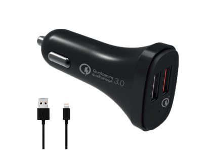 Car Charger 2x USB 30W + Lightning Cable - black