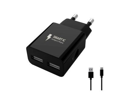 Smart IC 2x USB-A 12W Wall Charger + USB-C Cable - black