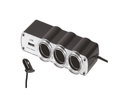 Roztrojka do auta s kabelem 3x 12V + USB-A - černá