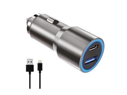 Car Charger 2x USB 38W + Lightning Cable - silver