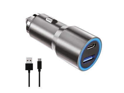 Ładowarka samochodowa 2xUSB 38W (USB-A USB-C) + kabel type-C (Srebrna)