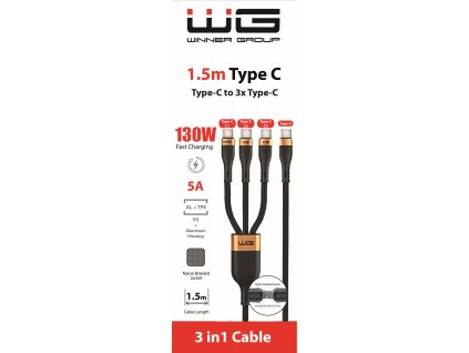 Datový a nabíjecí kabel 3v1 Type-C to 3xType-C 1,5m 130W (Černý)