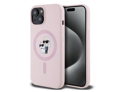 Etui Liquid Silicone s MagSafe Karel and Choupette iPhone 15 - różowe