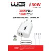 Ładowarka sieciowa 2xUSB/30W USB-C PD3.0/PPS/QC4+ 18W USB-A/biały/C to C 3A 1M kabel