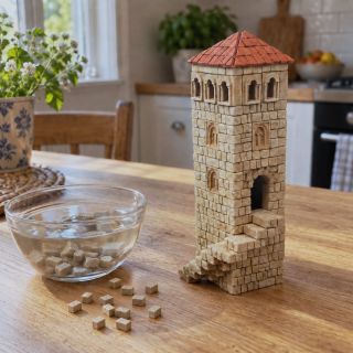Tahle věž není na jedno postavení. 🏰 Lepidlo se rozpouští ve vodě - hotový model namočíte, cihličky se uvolní a stavíte...
