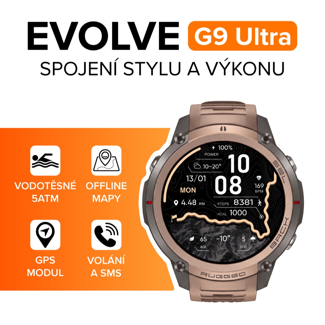 Chytré hodinky EVOLVE G9 Ultra, offline mapy, navigace, GPS, vodotěsné 5ATM, AMOLED displej, kompas,