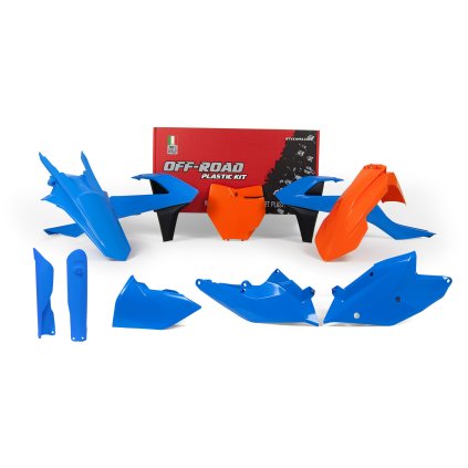 sada plastů KTM (speciální edice Troy Lee Designs), RTECH (modro-oranžovo-černá, 7 dílů, vč. chráničů vidlic)