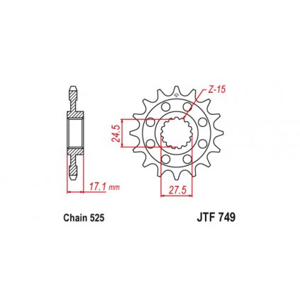 řetězové kolečko pro sekundární řetězy typu 525, JT (15 zubů)