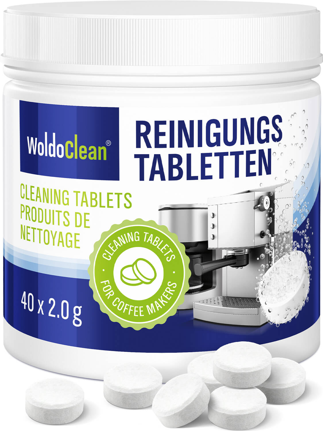 Čistící tablety do kávovarů 40 Tablet kompatibilní s Jura, Delonghi, Bosch, Siemens, Saeco a mnoho dalších. WoldoClean