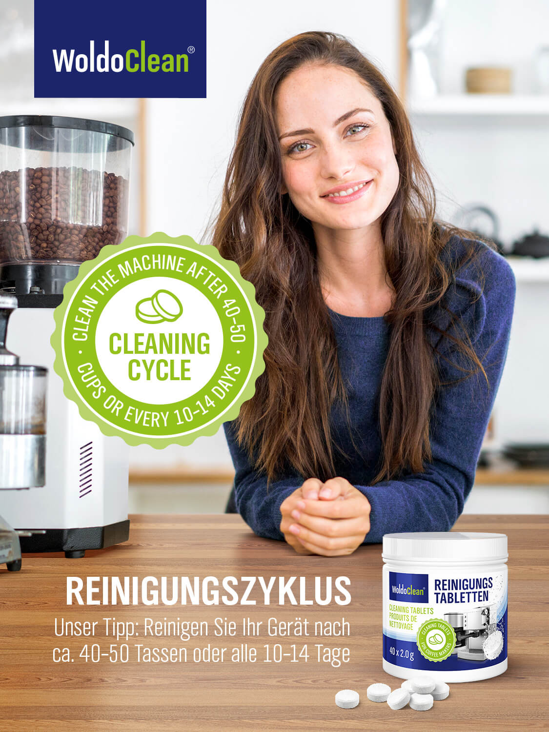 Čistící tablety do kávovarů 40 Tablet kompatibilní s Jura, Delonghi, Bosch, Siemens, Saeco a mnoho dalších. WoldoClean