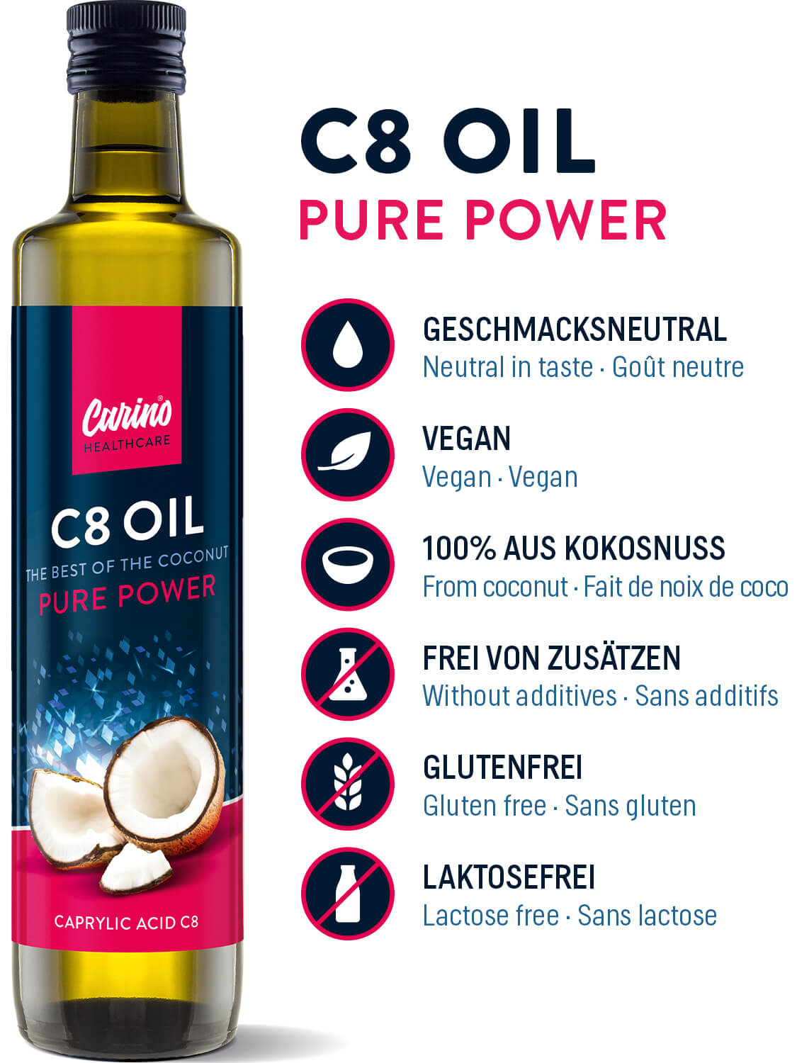 MCT Olej C8 100% kokosový olej kaprylová kyselina 500 ml Carino®