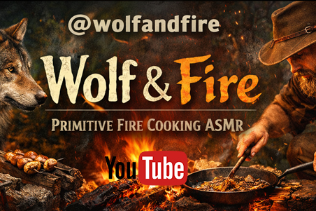 Outdoor fire cooking with cast iron pan, flames, smoke and rustic tools in a cinematic style.