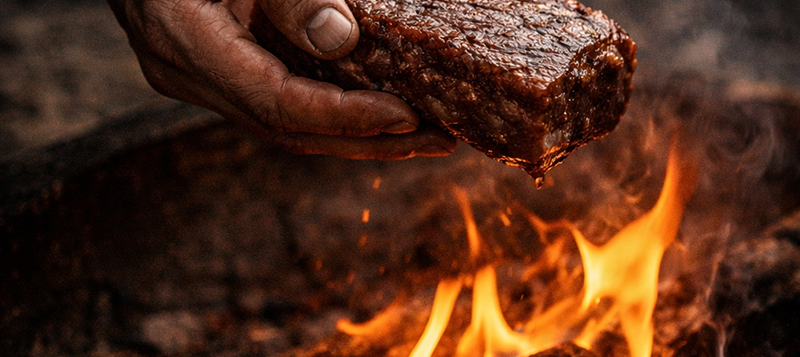 Weathered hands, a wooden board, and simple ingredients lit by firelight in a rustic outdoor setting.