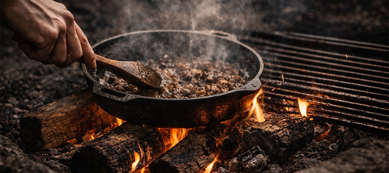 Open fire cooking scene with cast iron and smoke; the flame is the main light source.