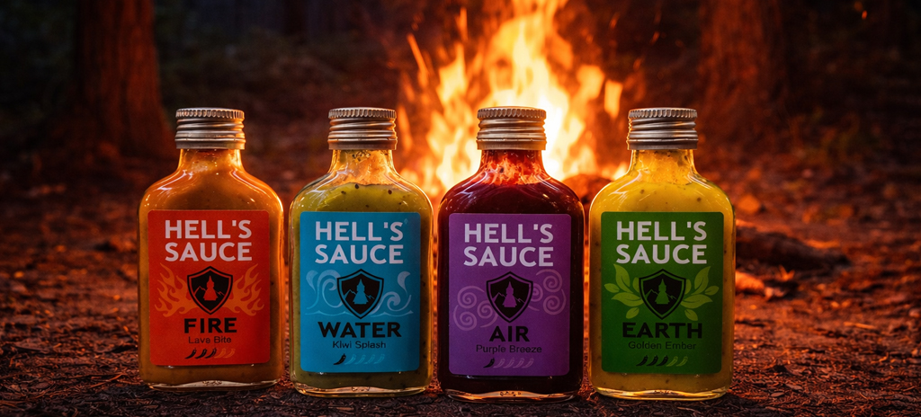 Four handcrafted chili sauces representing fire, water, earth and air, lit by warm firelight