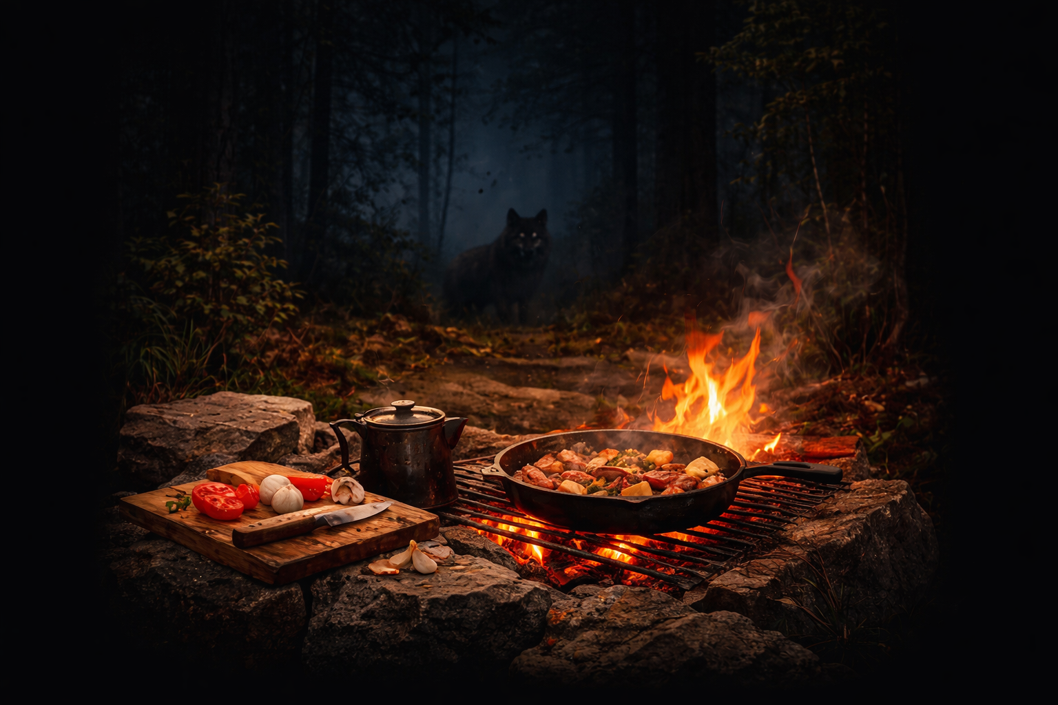 A quiet forest fire scene with a wolf at the edge of the light.