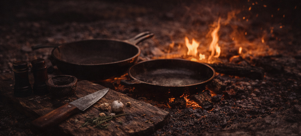 Weathered hands, a wooden board, and simple ingredients lit by firelight in a rustic outdoor setting.