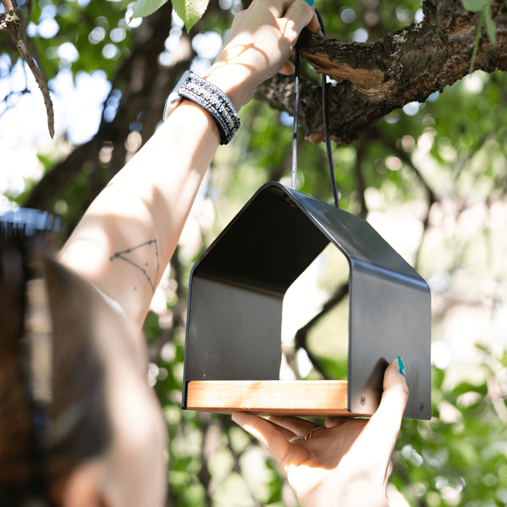 Dřevěné ptačí krmítko jako designová dekorace