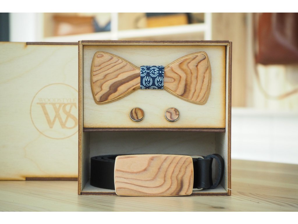 Set Kulatý WS Modrotisk - opasek, motýlek a manžetové knoflíčky - Wood Style