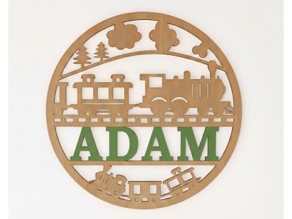 Dřevěná dekorace na zeď se jménem a motivem vláčku