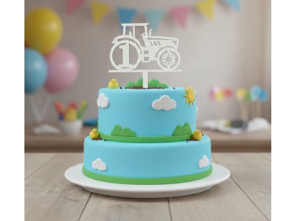 Dřevěný dortový zápich s číslem a motivem traktoru