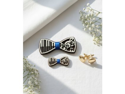 Set dřevěných motýlků pro otce a syna s hudebním motivem