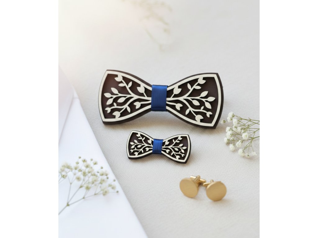 Set drevených motýlikov pre otca a syna s motívom vetvičiek