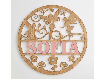 Detská drevená dekorácia na stenu s menom a motívom lesných víl