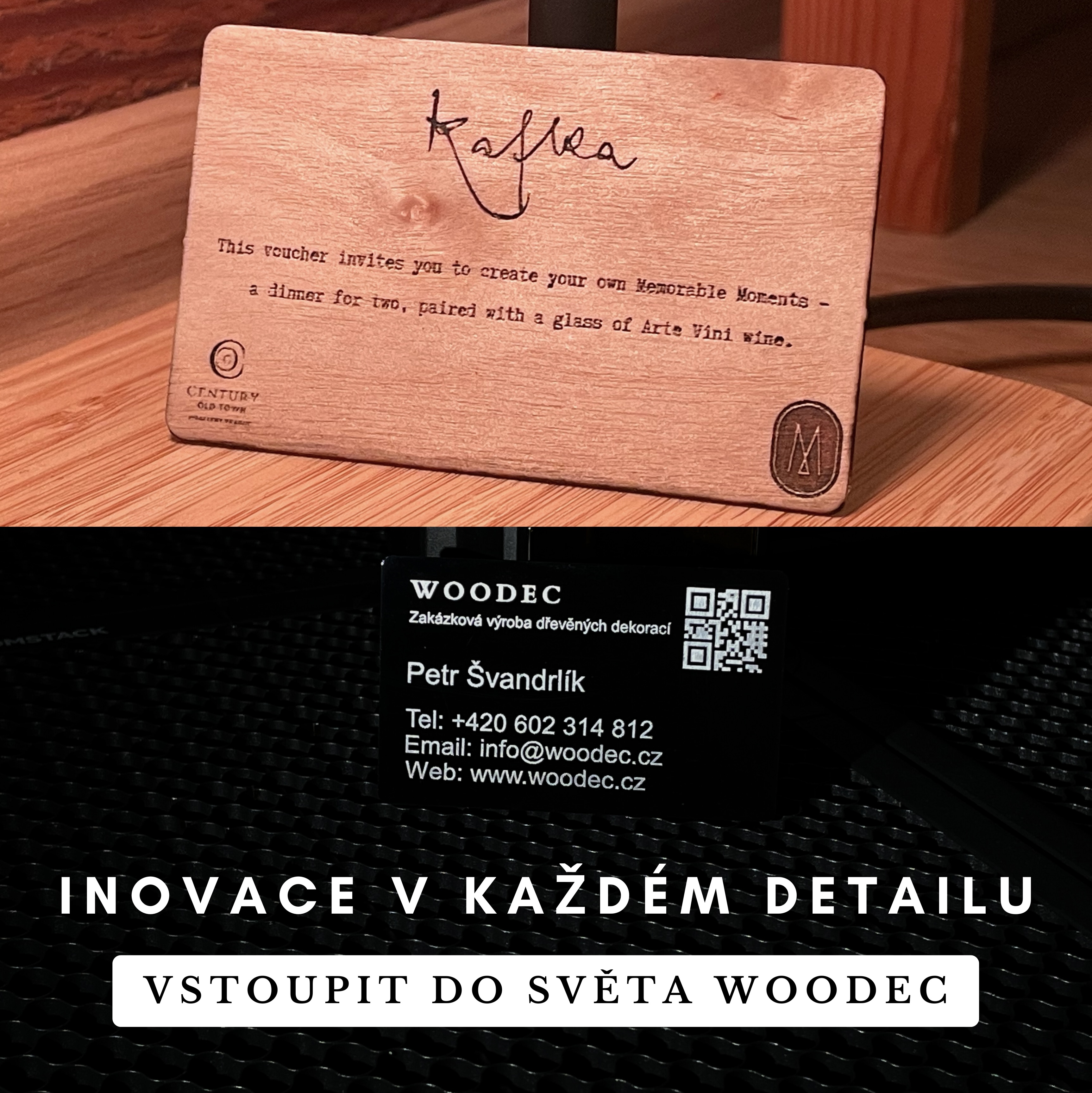 Luxusní dřevěná vizitka z březové letecké překližky a černá kovová vizitka