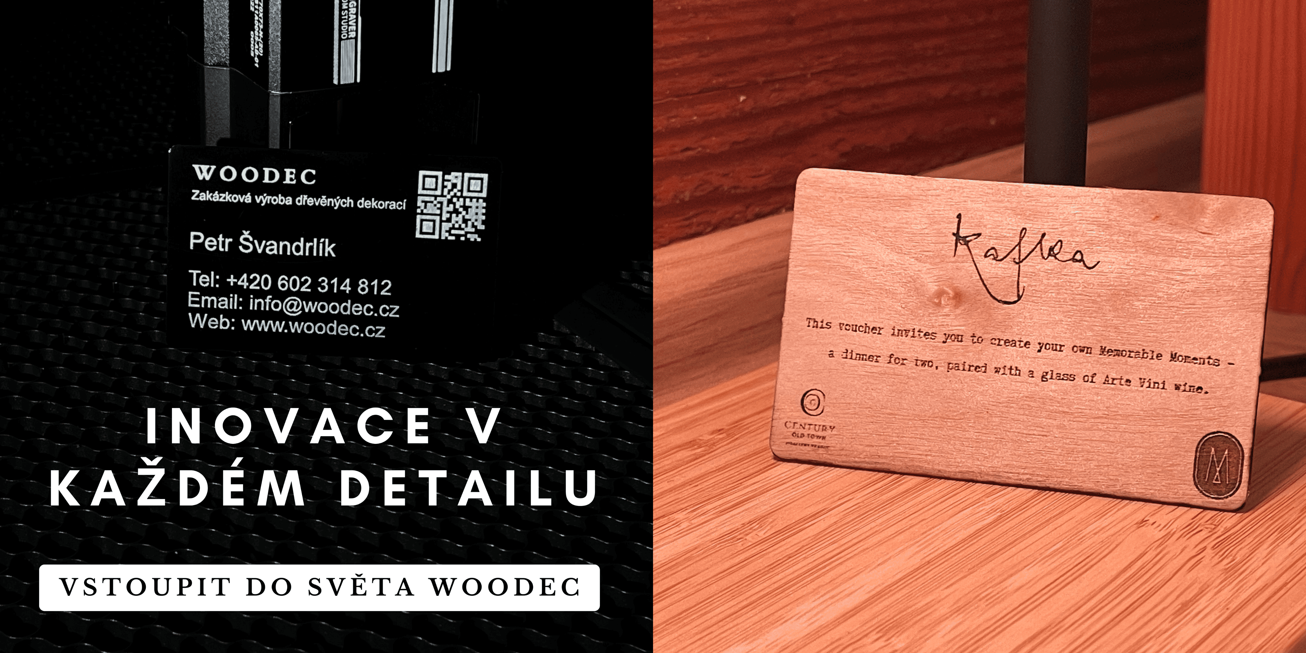 Luxusní dřevěná vizitka z březové letecké překližky a černá kovová vizitka