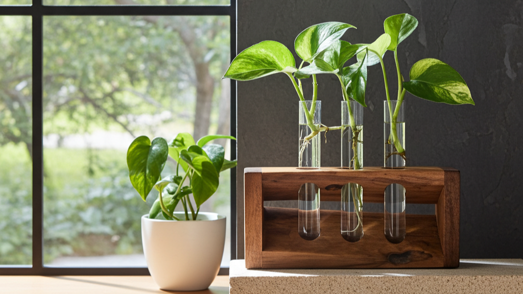 Wooden propagation station with a plant in water – WoodenBotanery