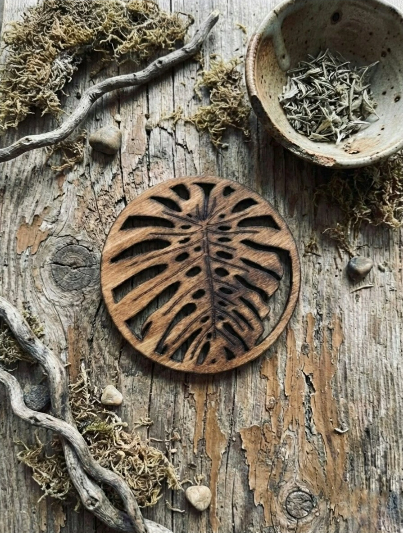 Wooden Monstera coaster detail