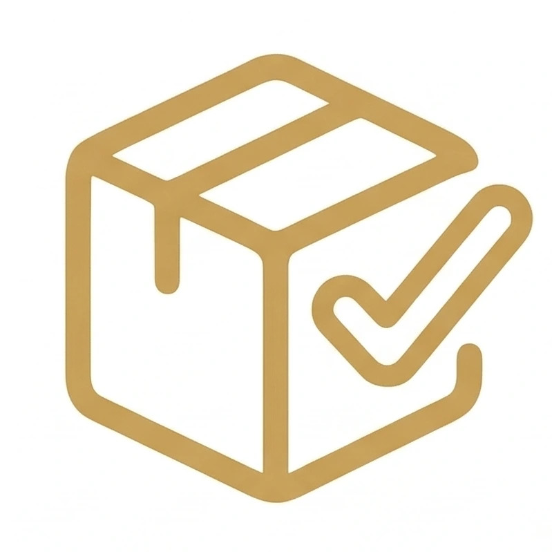 A minimalist icon in golden sand color on a pure white background, depicting a stylized cardboard box in perspective with a hint of a lid, accompanied by a large rounded checkmark on the right side.