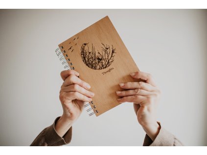 Wooden Notebook with "Thoughts" Motif