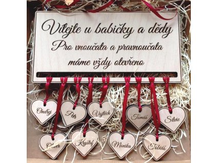 Wooden Sign with Custom Text and Heart Hanging Tags
