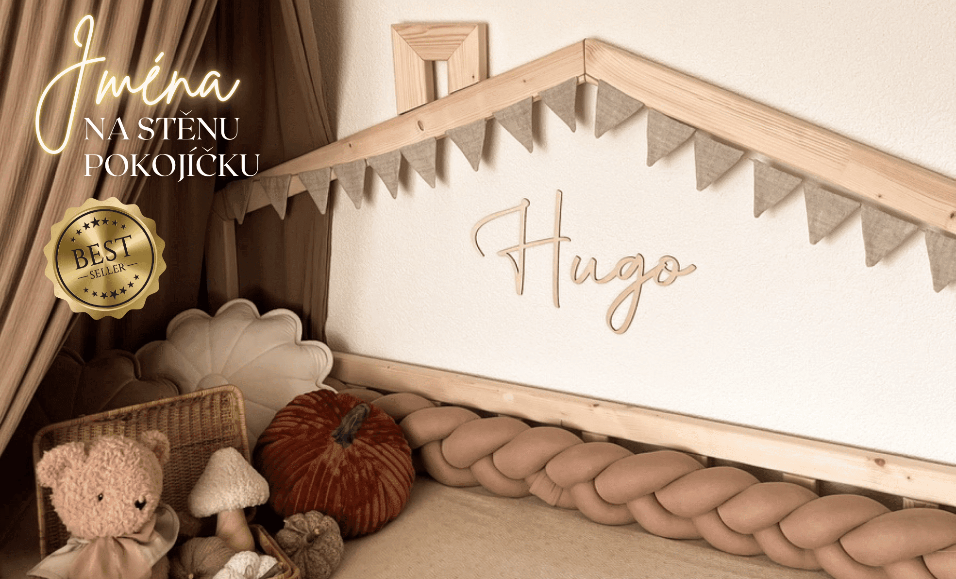 Dřevěné nápisy do dětských pokojíčků z Woodify.cz přinášejí osobitou a hravou dekoraci, kterou lze přizpůsobit jménem či vlastním textem. Naše personalizované dřevěné jmenovky jsou vyráběny s precizním gravírováním a krásně doplní každý dětský pokoj.