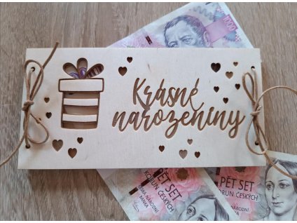 Dřevěná obálka na finanční hotovost k narozeninám