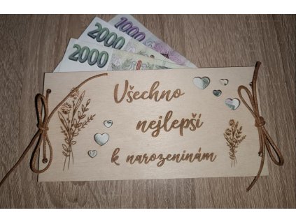 Dřevěná obálka na finanční hotovost k narozeninám