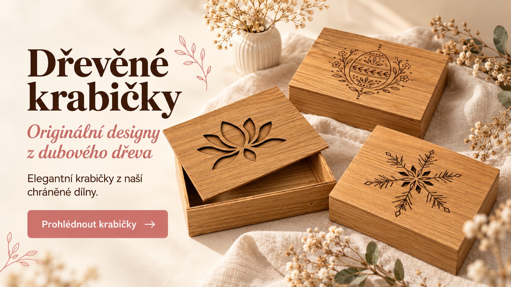Dřevěné krabičky z dubového dřeva s originálními motivy – Wood Season