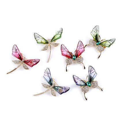 Brosche mit geschliffenen Steinchen Libelle, Schmetterling (Varianta 1 rosa Libelle, Balení 1 Stück)