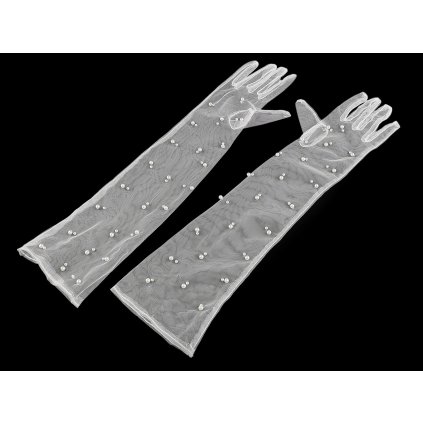 Lange Abendhandschuhe aus Tüll mit Perlen (Varianta 1 weiß, Balení 1 Paar)